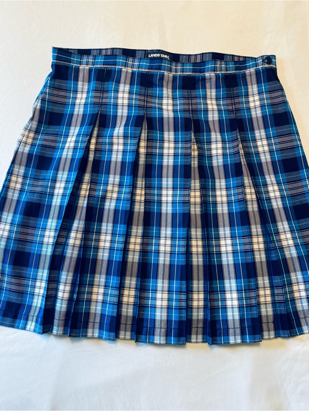 Lands' End Blue & White School Plaid Pleated Skirt